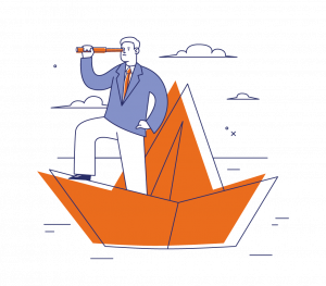 Illustration d'un homme sur un bateau en papier avec une longue vue