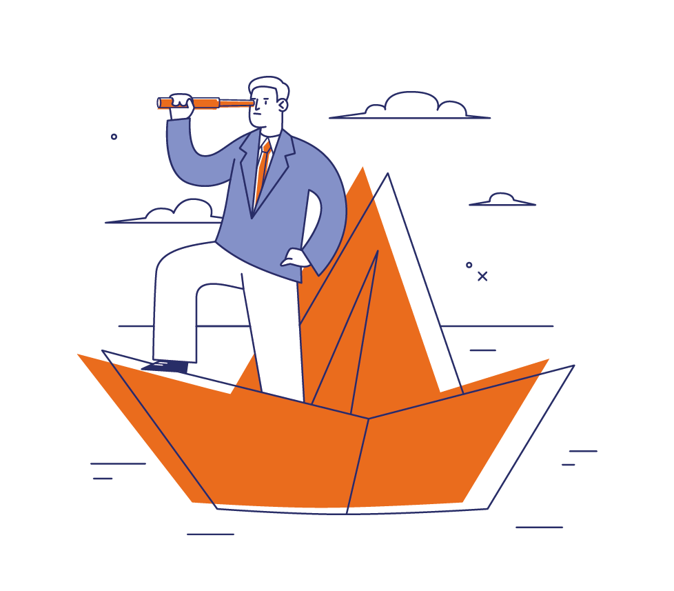 Illustration d'un homme sur un bateau en papier avec une longue vue